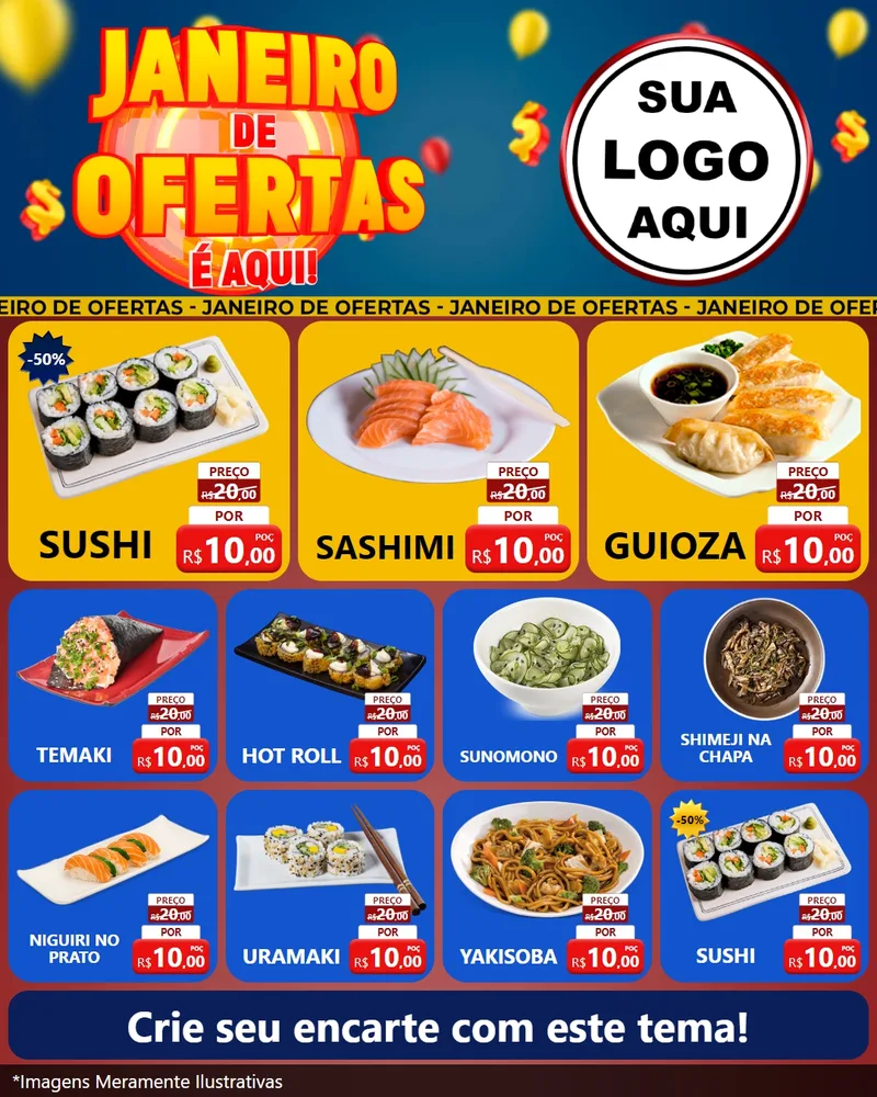Modelo de Rede Social para Feed Instagram com o tema Janeiro de Ofertas É Aqui! para Comida japonesa