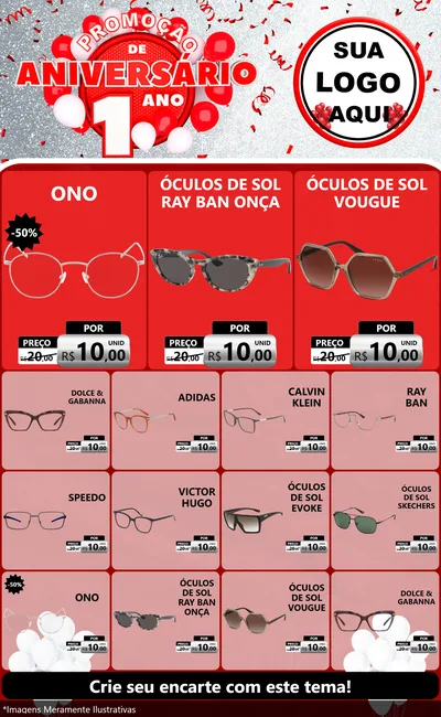 Modelo de Encarte para Encarte Grande com o tema Promoção de Aniversário - 1 Ano para Óticas
