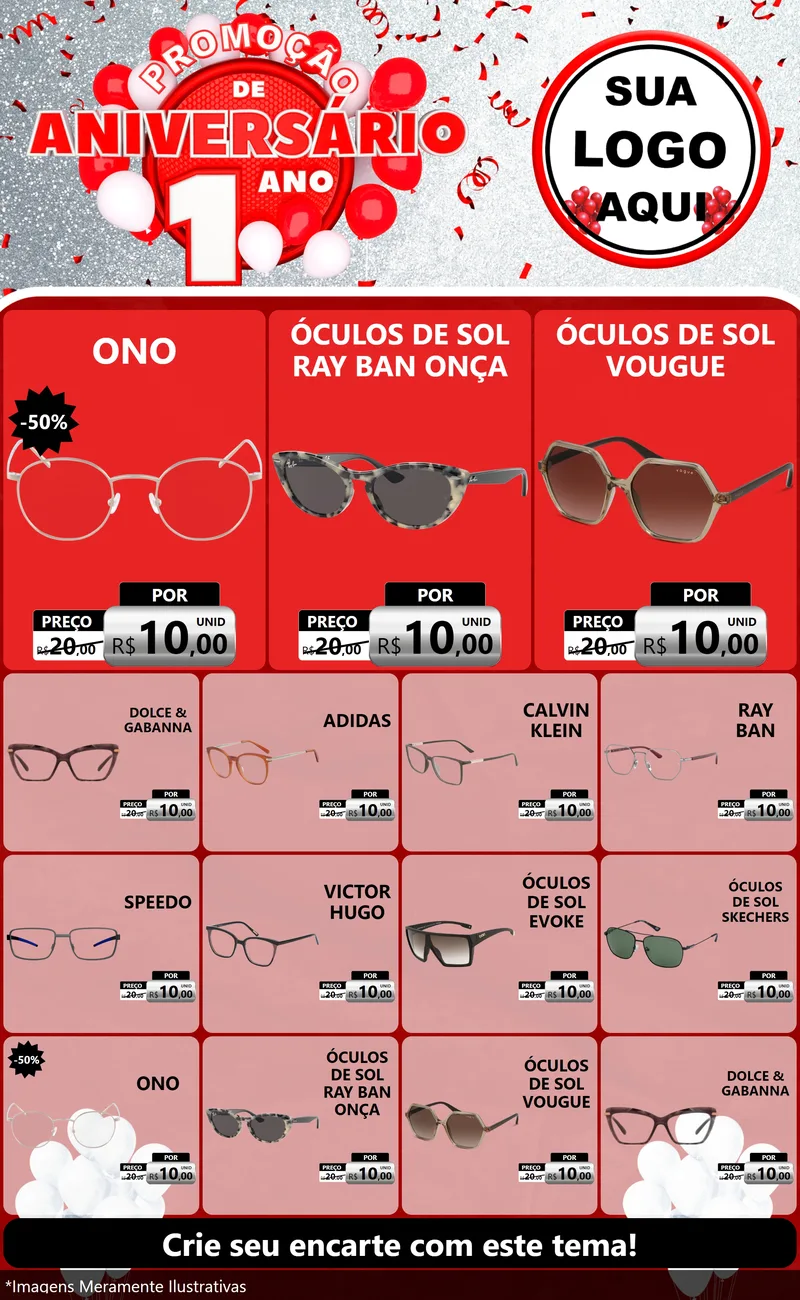 Modelo de Encarte para Encarte Grande com o tema Promoção de Aniversário - 1 Ano para Óticas