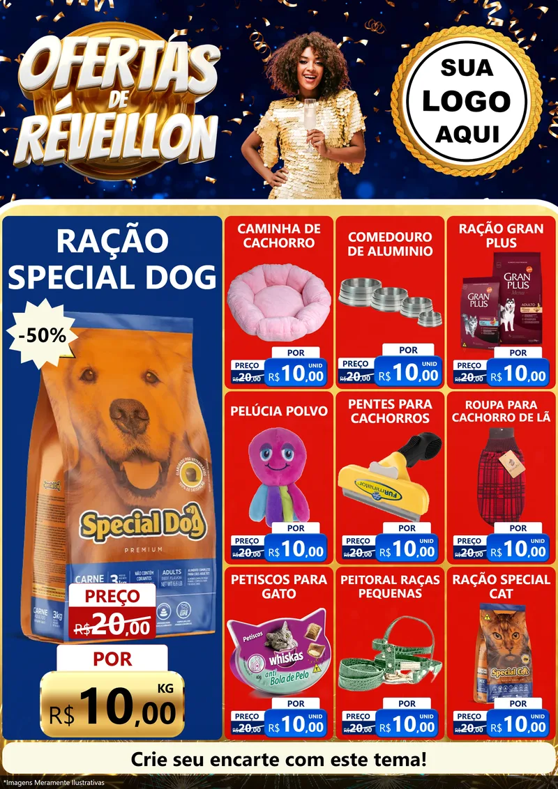 Modelo de Encarte para Encarte A4 Vertical com o tema Ofertas de Réveillon para Pet Shop