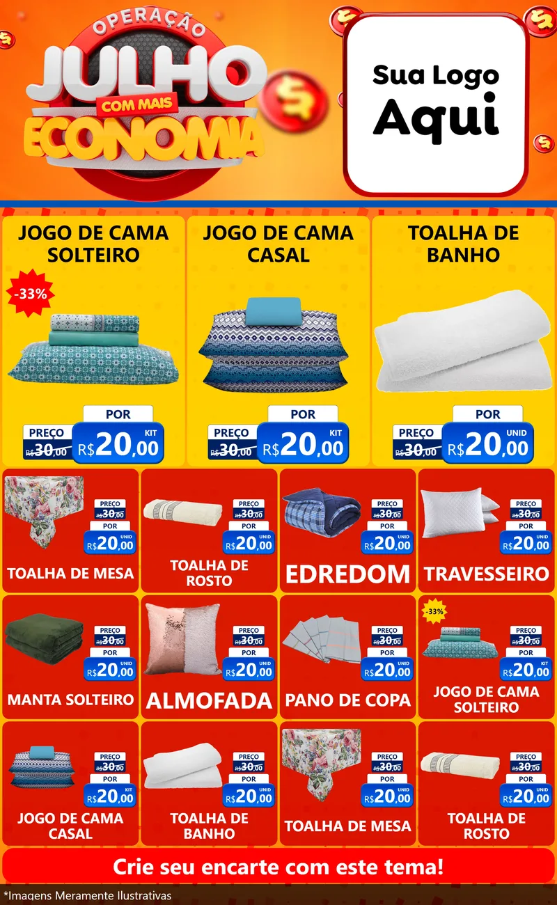 Modelo de Encarte para Encarte Grande com o tema Operação Julho Com Mais Economia para Cama, Mesa e Banho