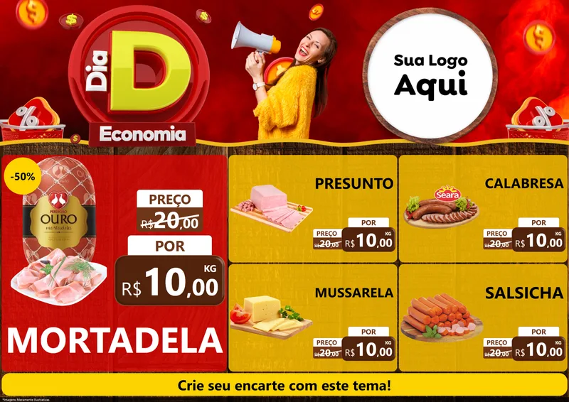 Modelo de Encarte para Encarte A4 Horizontal com o tema Dia D Economia para Frios e Laticínios