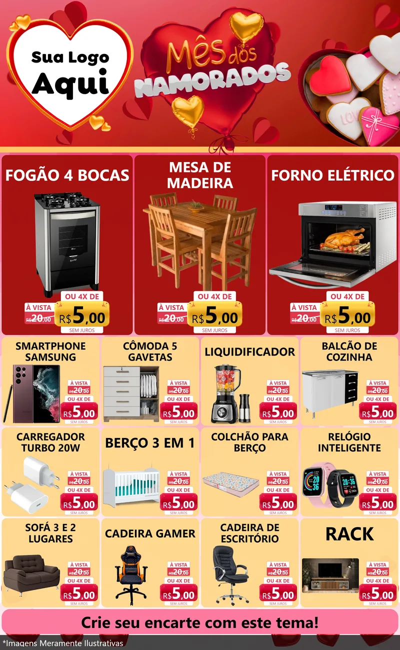 Modelo de Encarte para Encarte Grande com o tema Mês dos Namorados para Móveis e Eletro
