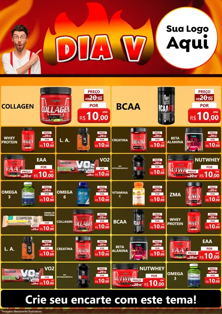 Modelo de Encarte para Encarte A4 Vertical com o tema Dia V para Suplementos alimentares
