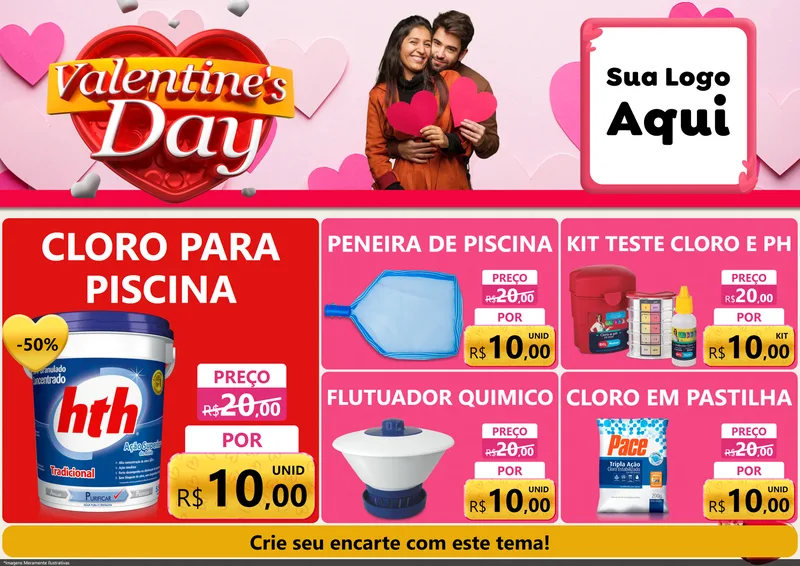 Modelo de Encarte para Encarte A4 Horizontal com o tema Valentine's Day para Produtos para Piscina