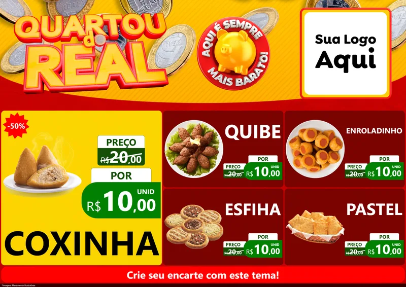 Modelo de Encarte para Encarte A4 Horizontal com o tema Quartou do Real para Salgadaria