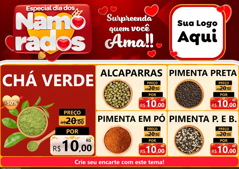 Modelo de Encarte para Encarte A4 Horizontal com o tema Especial Dia dos Namorados para Produtos Naturais