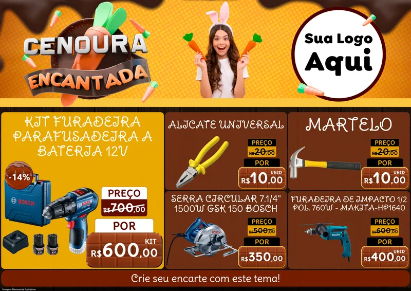 Modelo de Encarte para Encarte A4 Horizontal com o tema Cenoura Encantada - Páscoa para Maquinas e Ferramentas