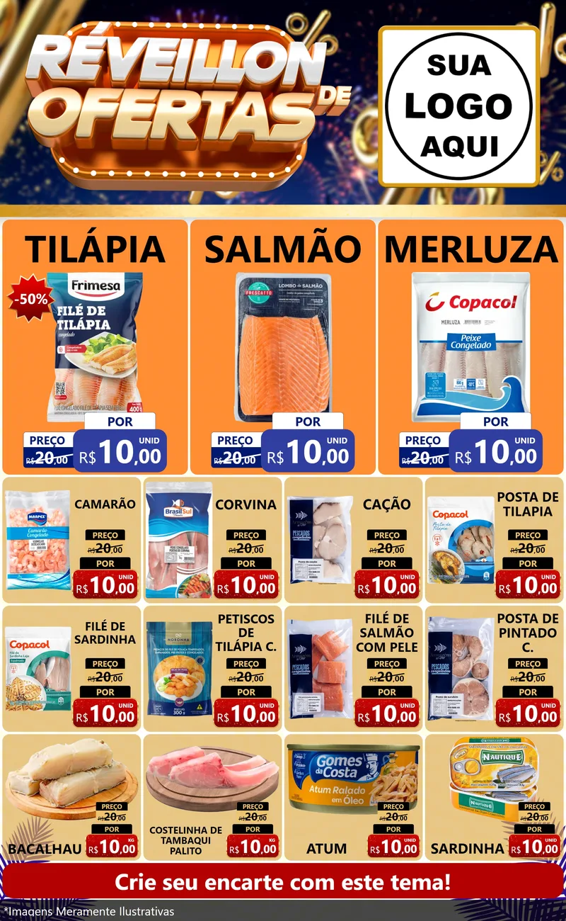 Modelo de Encarte para Encarte Grande com o tema Réveillon de Ofertas para Peixaria