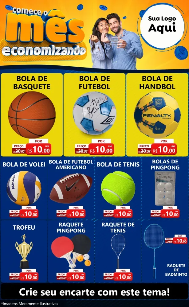 Modelo de Encarte para Encarte Grande com o tema Comece O Mês Economizando para Artigos Esportivos