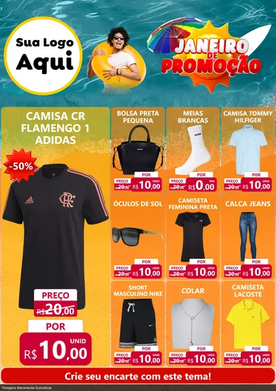 Modelo de Encarte para Encarte A4 Vertical com o tema Janeiro de Promoção para Roupas e acessórios