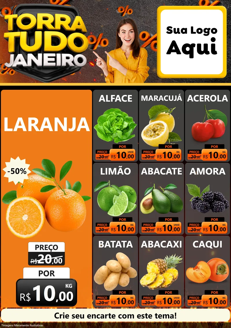 Modelo de Encarte para Encarte A4 Vertical com o tema Torra Tudo Janeiro para Hortifrúti