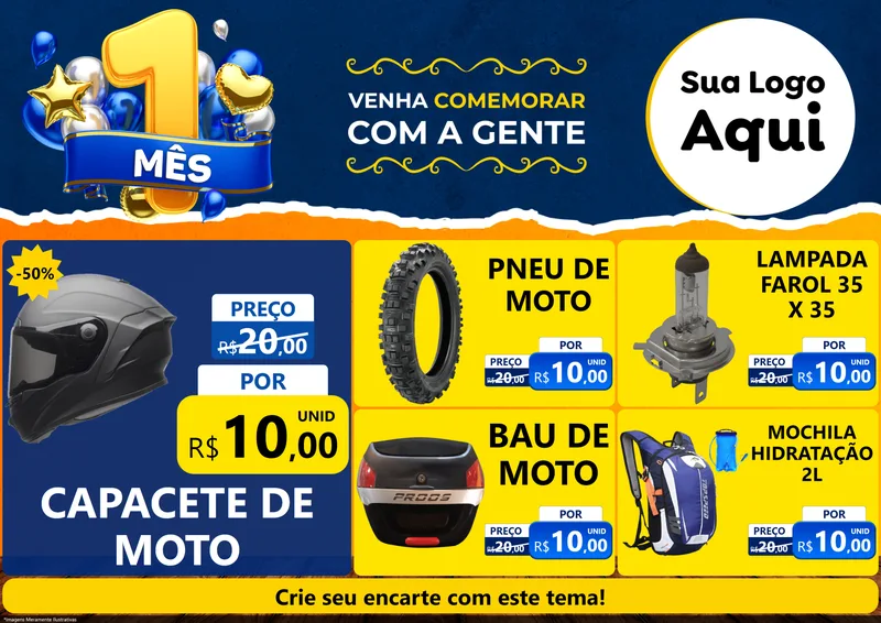 Modelo de Encarte para Encarte A4 Horizontal com o tema Um Mês de Aniversário para Moto peças