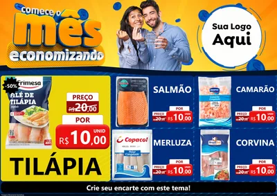 Modelo de Encarte para Encarte A4 Horizontal com o tema Comece O Mês Economizando para Peixaria