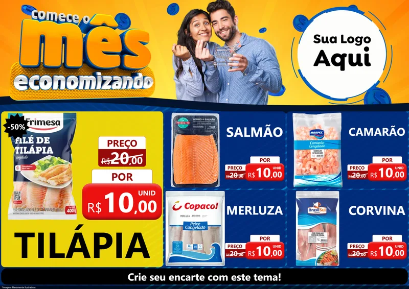 Modelo de Encarte para Encarte A4 Horizontal com o tema Comece O Mês Economizando para Peixaria