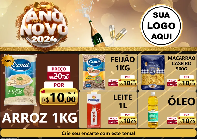 Modelo de Encarte para Encarte A4 Horizontal com o tema Feliz Ano Novo 2027 para Supermercado