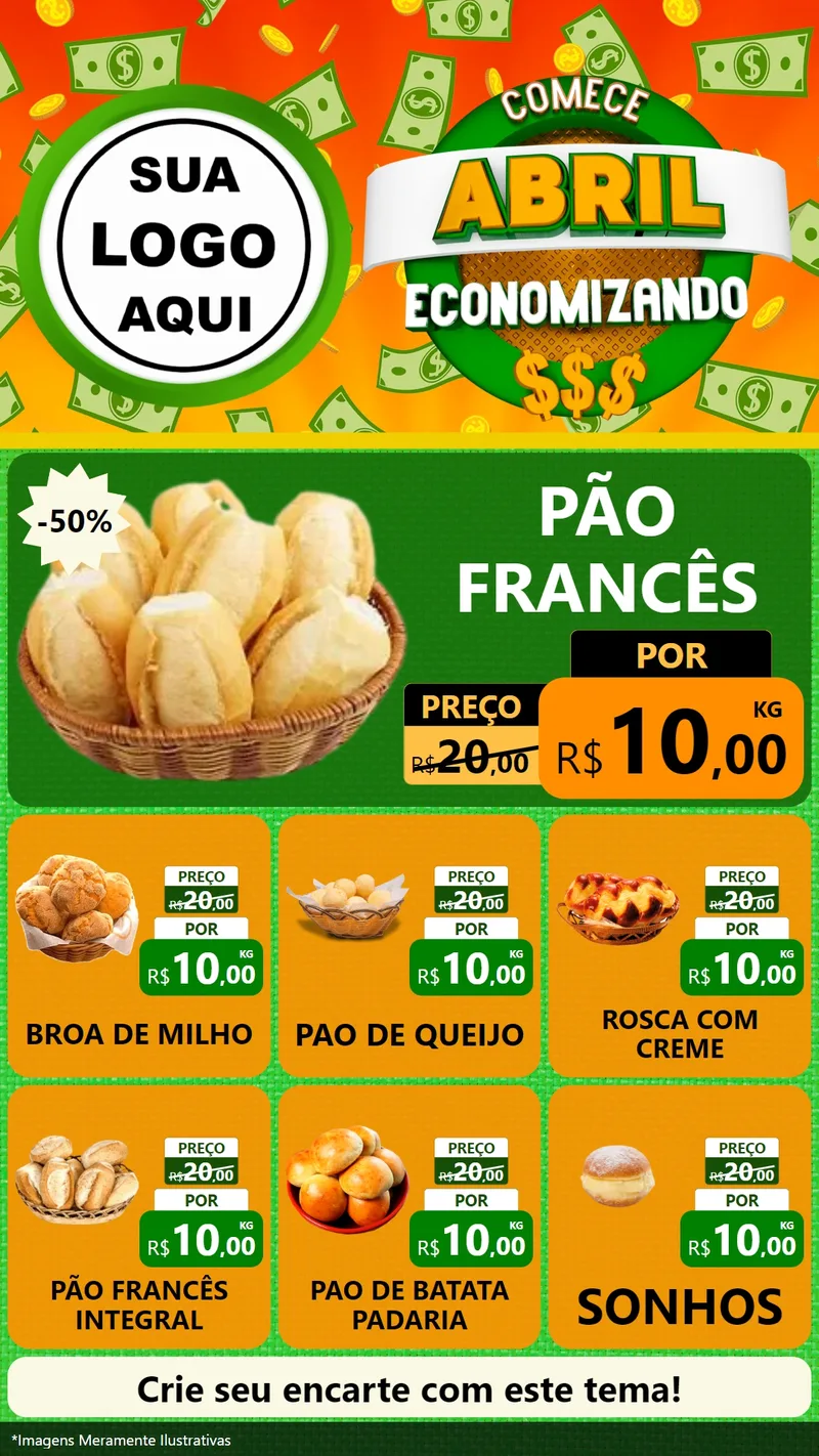 Modelo de Rede Social para Stories com o tema Comece Abril Economizando para Padaria