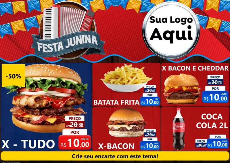 Modelo de Encarte para Encarte A4 Horizontal com o tema Festa Junina para Hamburgueria