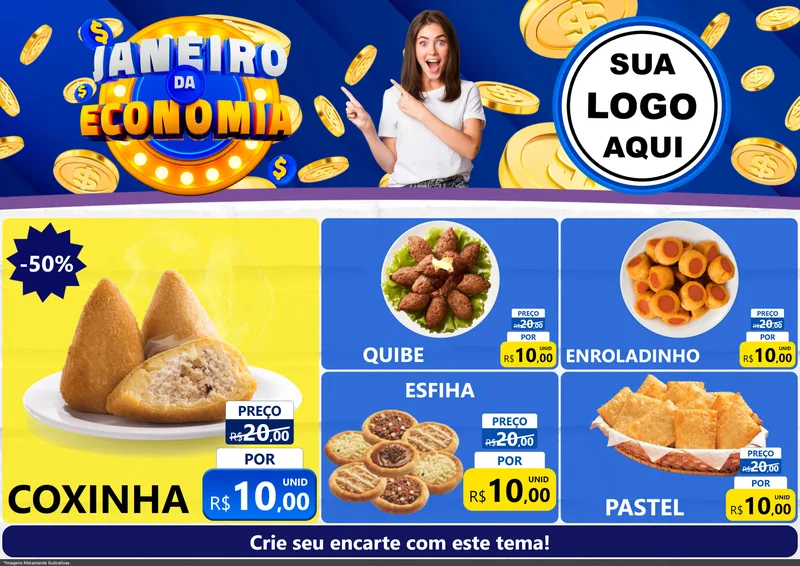 Modelo de Encarte para Encarte A4 Horizontal com o tema Janeiro da Economia para Salgadaria