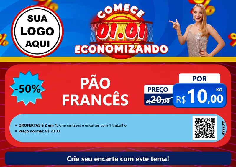 Modelo de Cartaz para Cartaz A4 Horizontal com o tema Comece 1º de Janeiro Economizando para Padaria