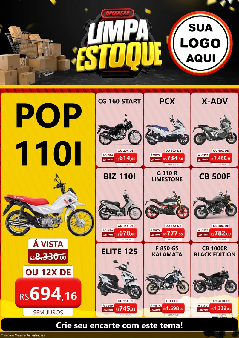 Modelo de Encarte para Encarte A4 Vertical com o tema Operação Limpa Estoque para Concessionaria de Motos