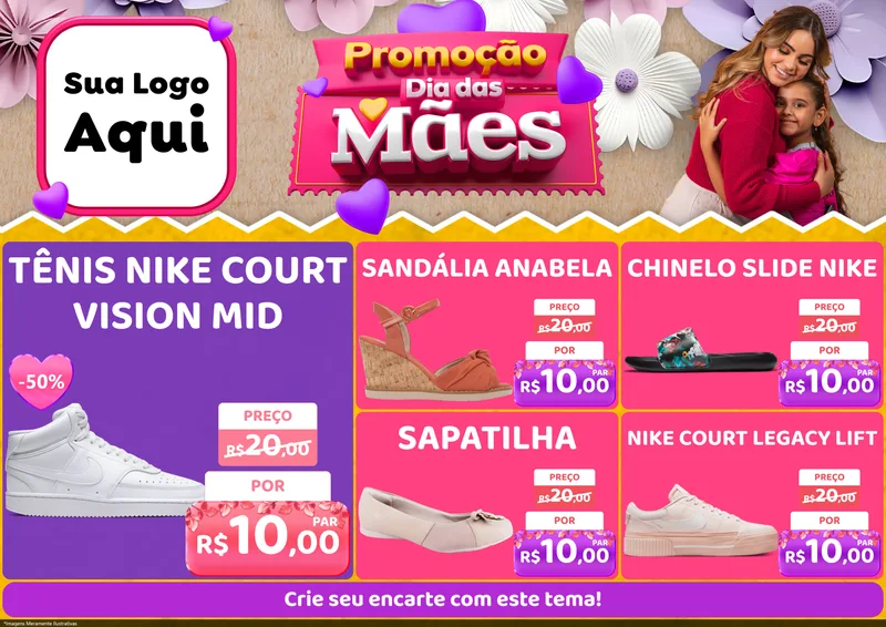 Modelo de Encarte para Encarte A4 Horizontal com o tema Promoção Dia das Mães para Calçados