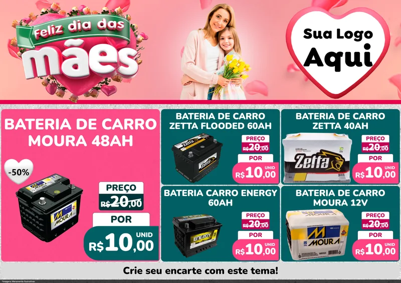 Modelo de Encarte para Encarte A4 Horizontal com o tema Feliz Dia das Mães para Baterias Elétricas
