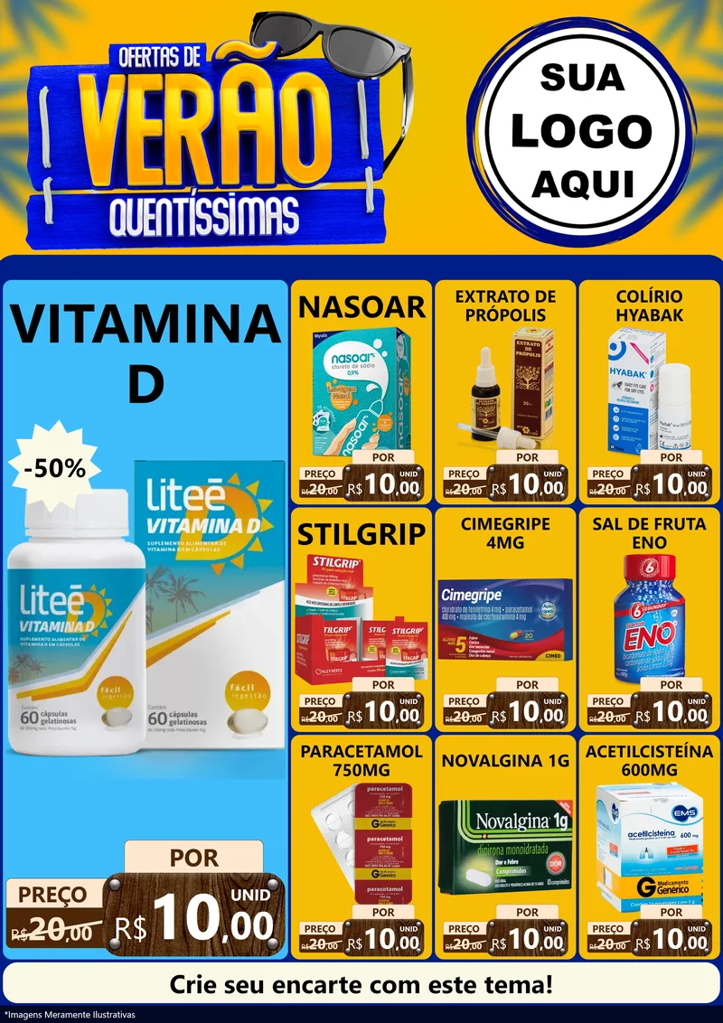 Modelo de Encarte para Encarte A4 Vertical com o tema Ofertas de Verão Quentíssimas para Farmácia