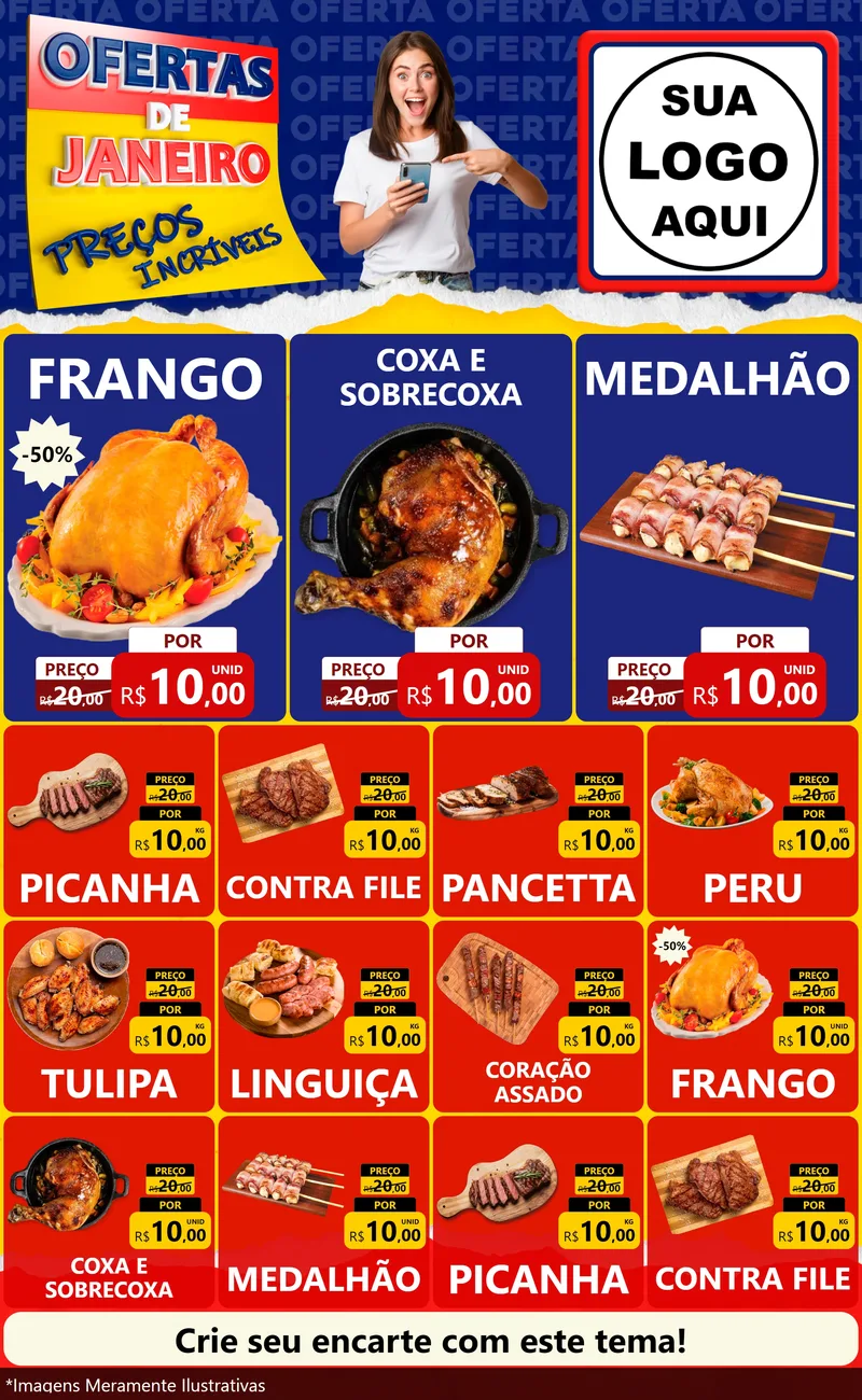 Modelo de Encarte para Encarte Grande com o tema Ofertas de Janeiro - Preços Incríveis para Assados