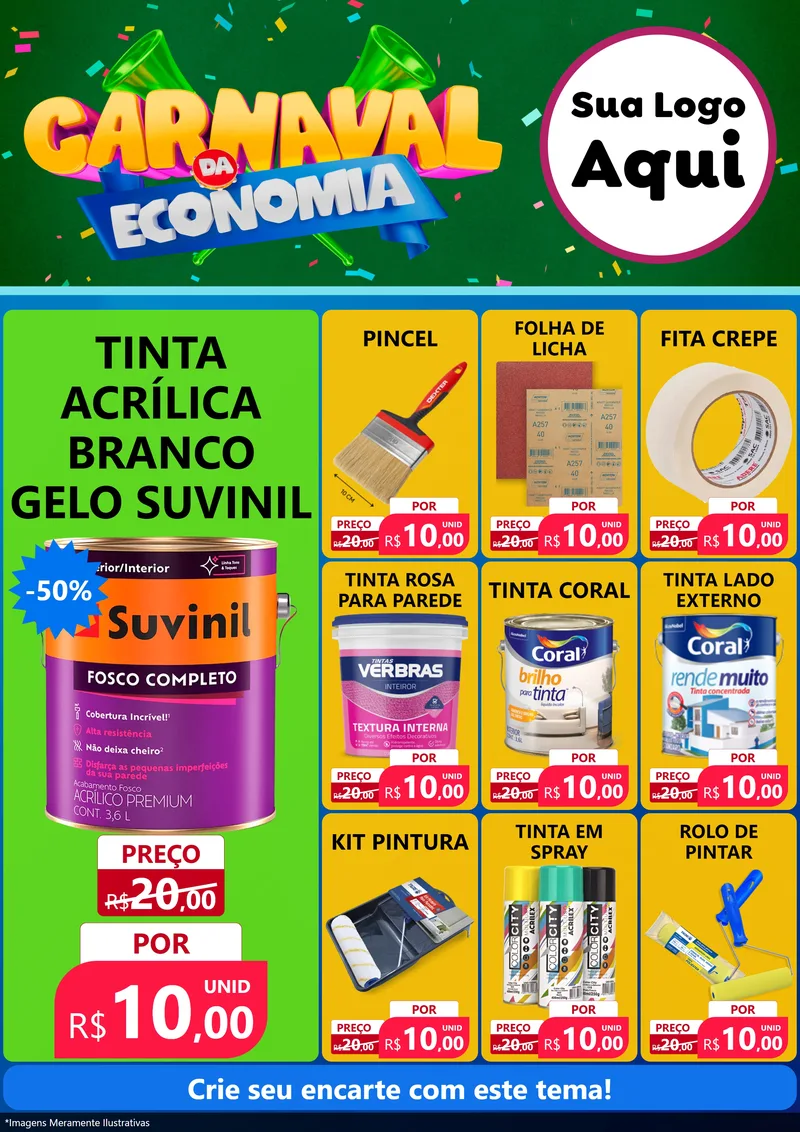 Modelo de Encarte para Encarte A4 Vertical com o tema Carnaval da Economia para Tintas e Ferramentas