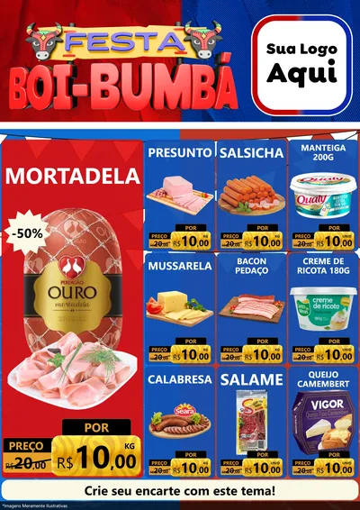 Modelo de Encarte para Encarte A4 Vertical com o tema Festa Boi Bumbá para Frios e Laticínios