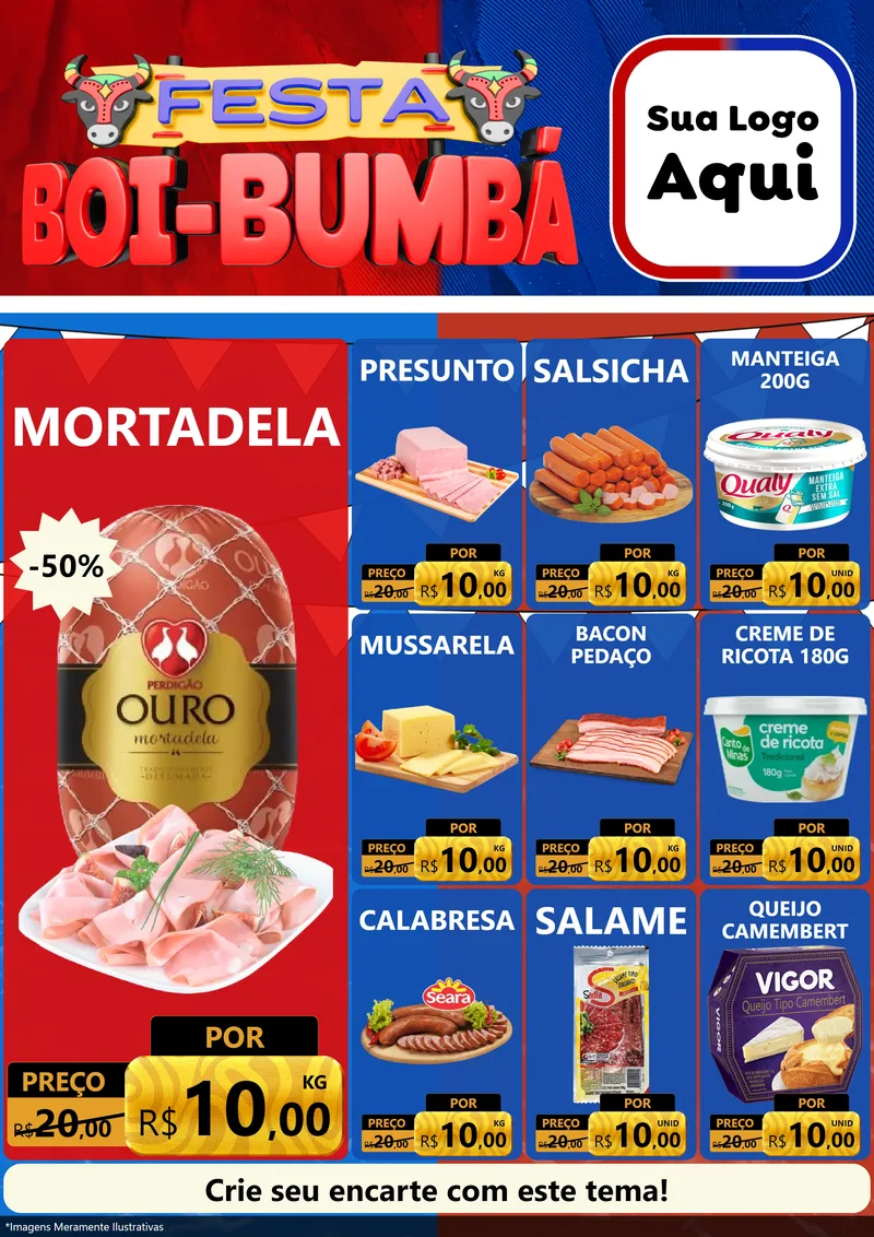 Modelo de Encarte para Encarte A4 Vertical com o tema Festa Boi Bumbá para Frios e Laticínios