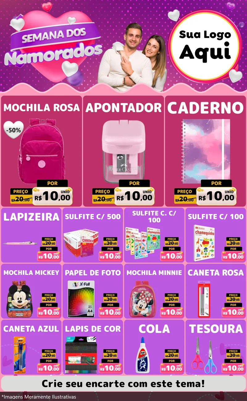 Modelo de Encarte para Encarte Grande com o tema Semana dos Namorados para Papelaria