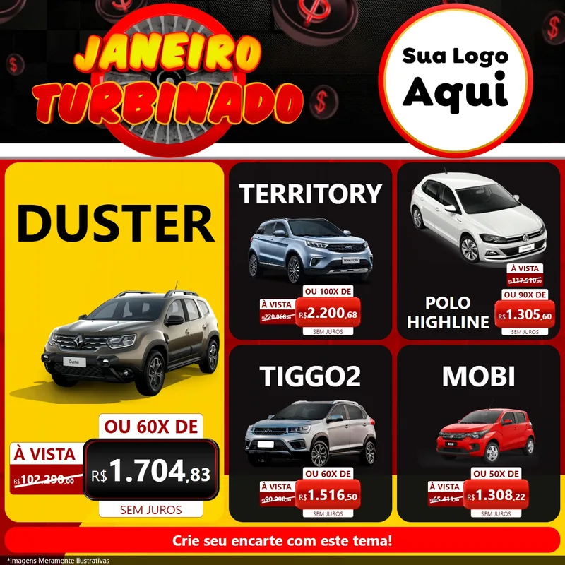 Modelo de Rede Social para Feed Facebook com o tema Janeiro Turbinado para Concessionaria de Carros