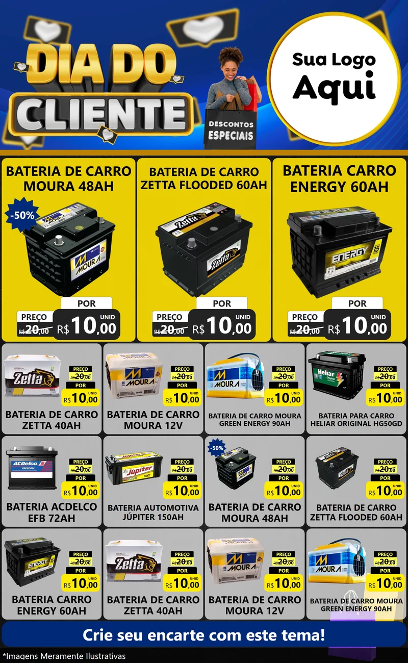 Modelo de Encarte para Encarte Grande com o tema Dia Do Cliente para Baterias Elétricas