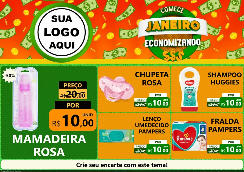 Modelo de Encarte para Encarte A4 Horizontal com o tema Comece Janeiro Economizando para Bebês