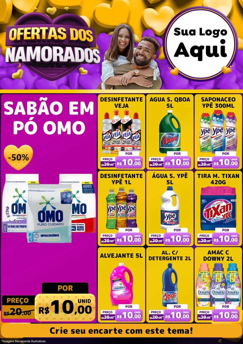 Modelo de Encarte para Encarte A4 Vertical com o tema Oferta Dos Namorados para Produtos de Limpeza