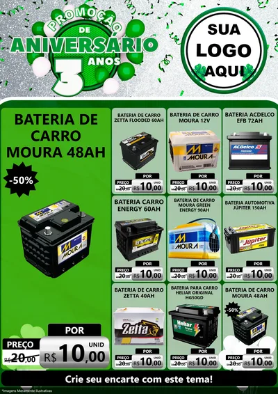 Modelo de Encarte para Encarte A4 Vertical com o tema Promoção de Aniversário - 3 Anos para Baterias Elétricas