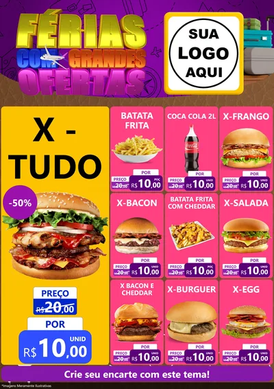 Modelo de Encarte para Encarte A4 Vertical com o tema Férias com Grandes Ofertas para Hamburgueria