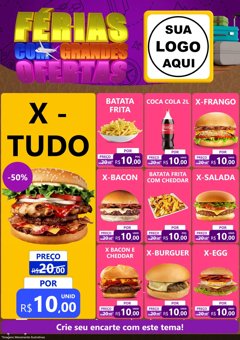 Modelo de Encarte para Encarte A4 Vertical com o tema Férias com Grandes Ofertas para Hamburgueria