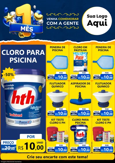 Modelo de Encarte para Encarte A4 Vertical com o tema Um Mês de Aniversário para Produtos para Piscina