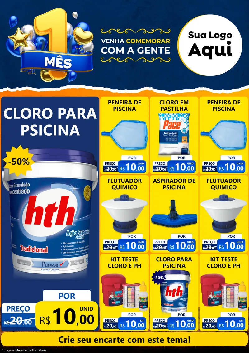 Modelo de Encarte para Encarte A4 Vertical com o tema Um Mês de Aniversário para Produtos para Piscina