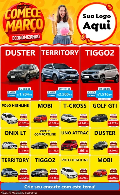 Modelo de Encarte para Encarte Grande com o tema Comece Março Economizando para Concessionaria de Carros