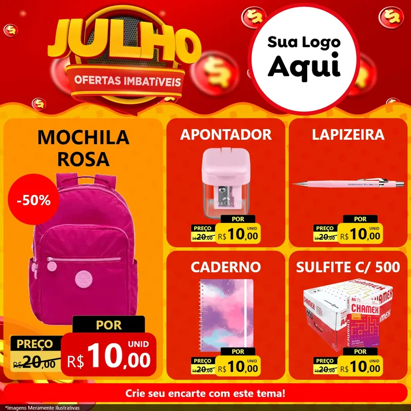 Modelo de Rede Social para Feed Facebook com o tema Julho Ofertas Imbatíveis para Papelaria