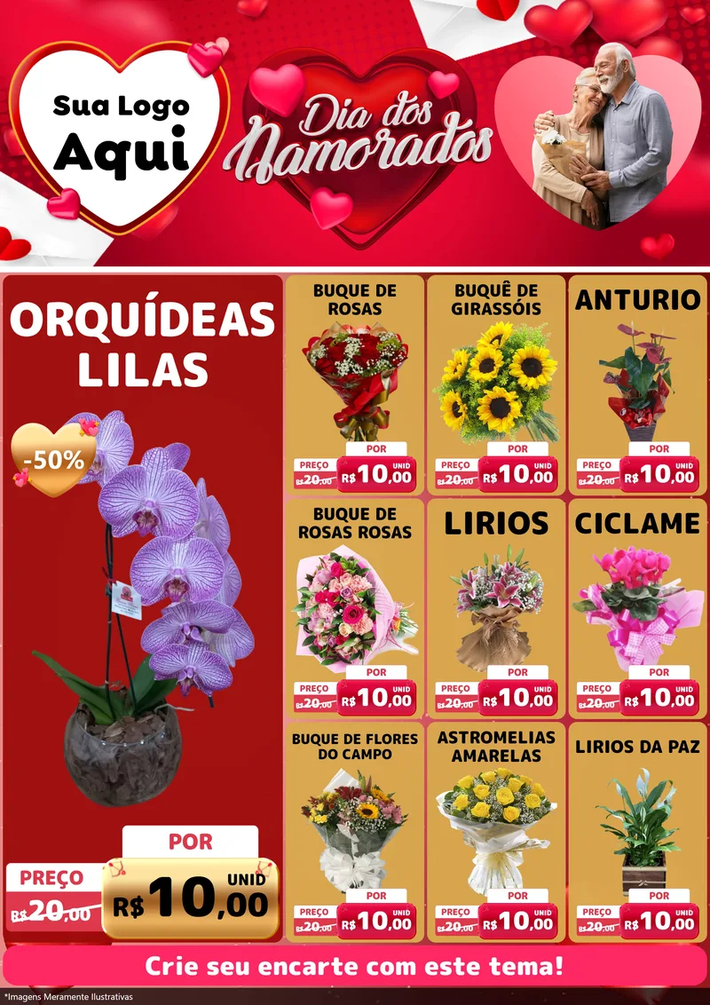 Modelo de Encarte para Encarte A4 Vertical com o tema Dia Dos Namorados para Floricultura e jardim