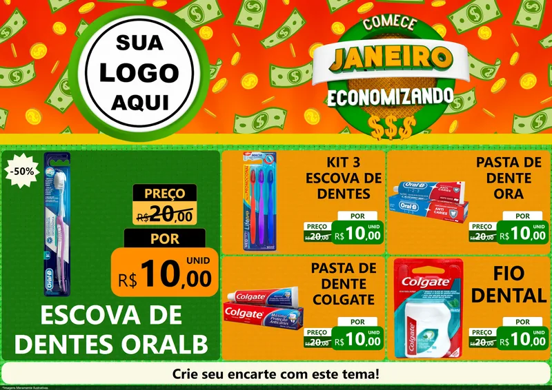 Modelo de Encarte para Encarte A4 Horizontal com o tema Comece Janeiro Economizando para Higiene Pessoal