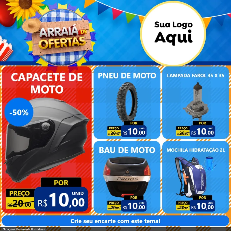 Modelo de Rede Social para Feed Facebook com o tema Arraiá de Ofertas para Moto peças