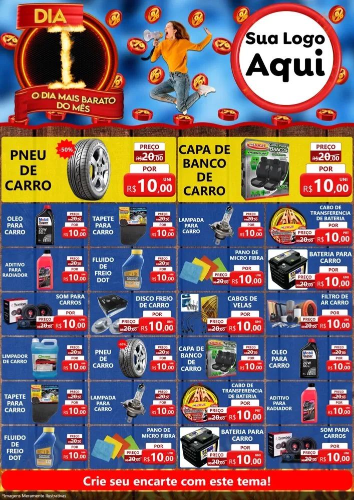 Modelo de Encarte para Encarte A4 Vertical com o tema Dia I - O Dia Mais Barato Do Mês para Auto peças