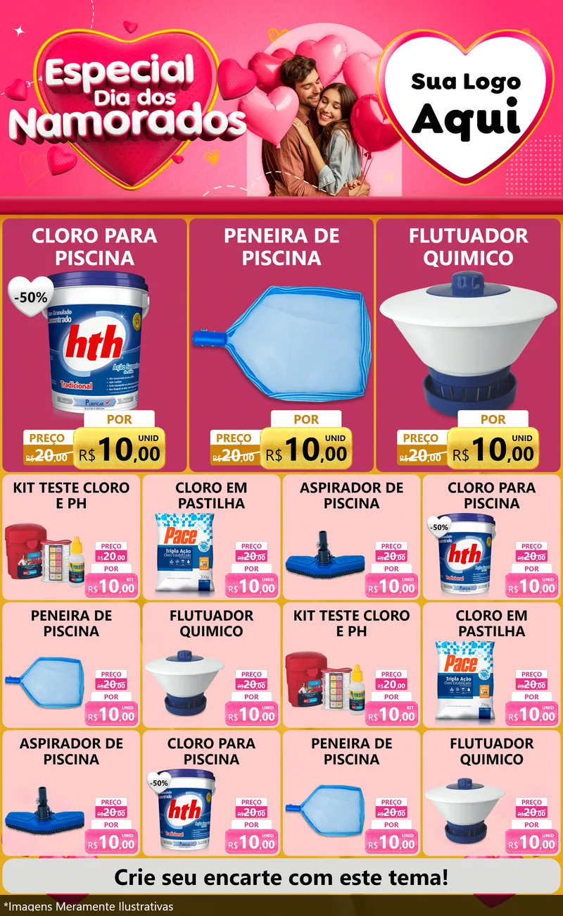 Modelo de Encarte para Encarte Grande com o tema Especial Dia dos Namorados para Produtos para Piscina