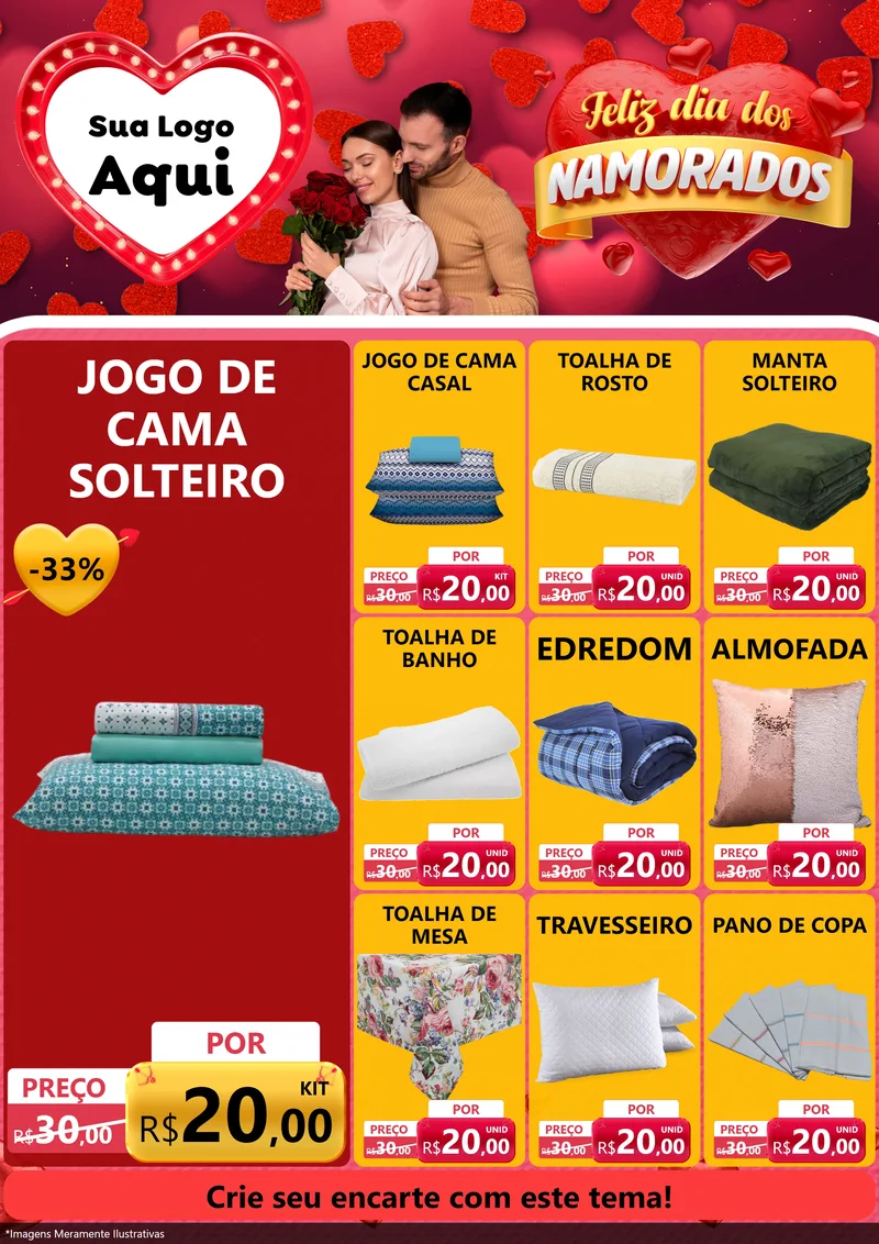 Modelo de Encarte para Encarte A4 Vertical com o tema Feliz Dia Dos Namorados para Cama, Mesa e Banho